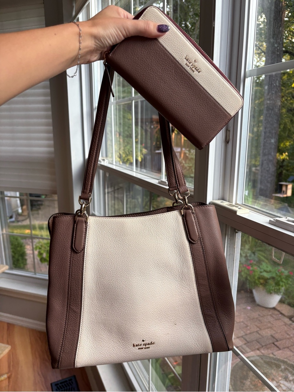 kate spade Two-Tone Brown and Cream Leather Tote with Matching Zip Wallet
